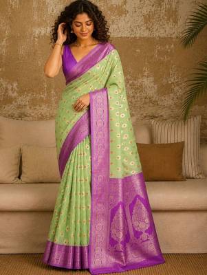 Lime woven design zari pure linen banarasi saree 2