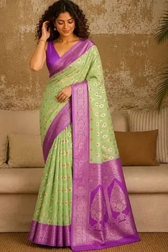 Lime woven design zari pure linen banarasi saree