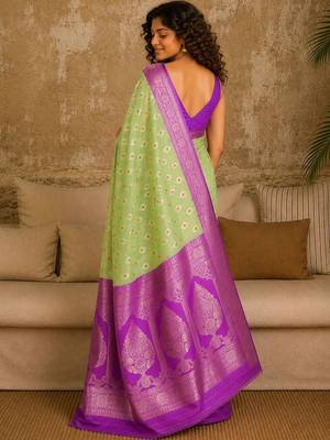 Lime woven design zari pure linen banarasi saree 3
