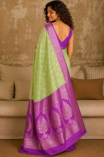 Lime woven design zari pure linen banarasi saree
