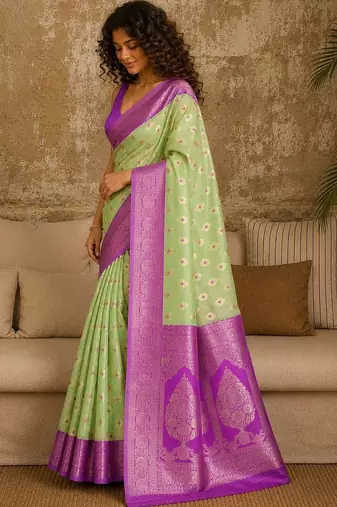 Lime woven design zari pure linen banarasi saree