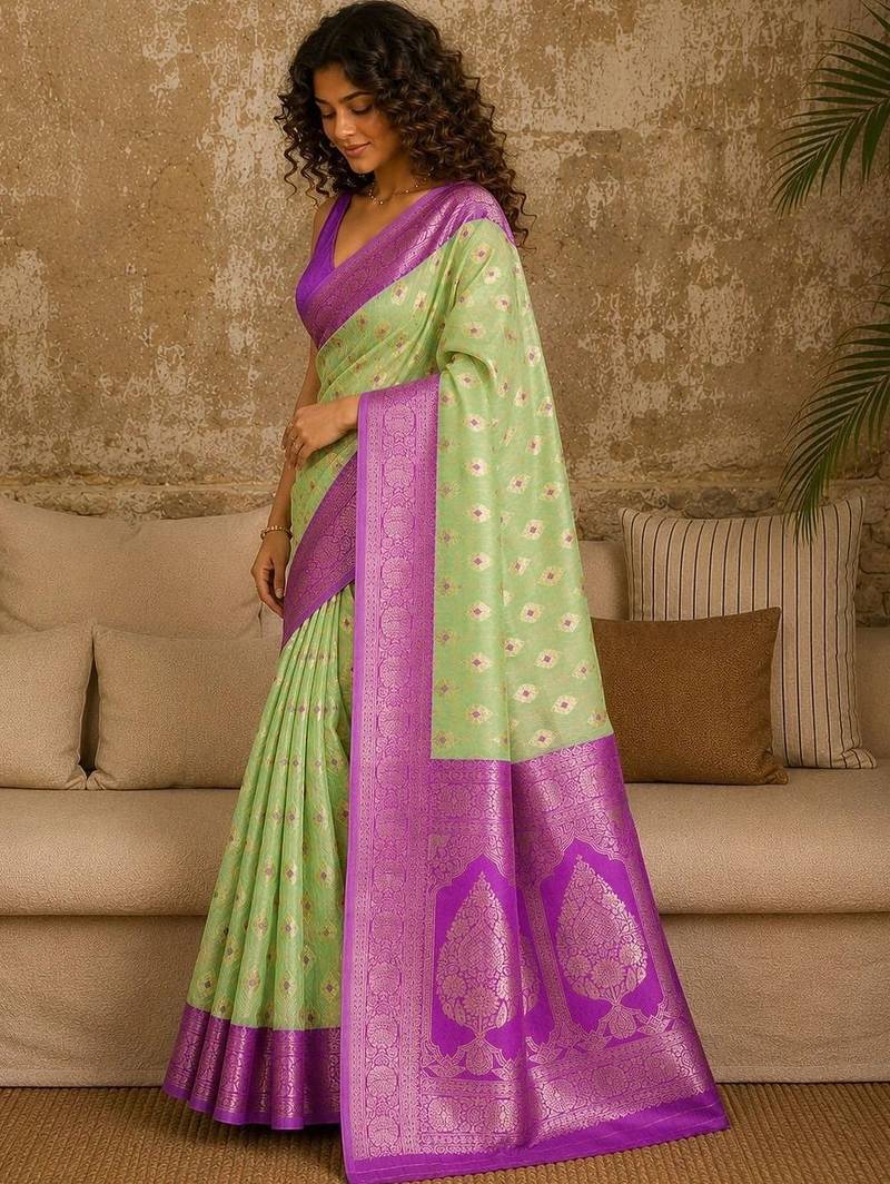 Lime woven design zari pure linen banarasi saree
