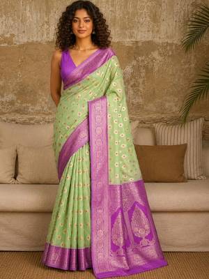 Lime woven design zari pure linen banarasi saree 5