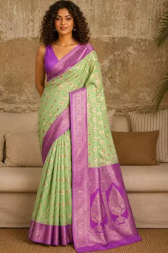 Lime woven design zari pure linen banarasi saree