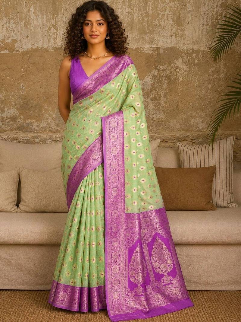 Lime woven design zari pure linen banarasi saree