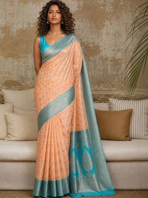 Peach woven design zari pure linen banarasi saree 1