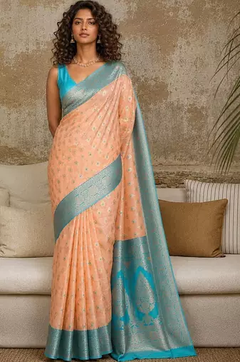 Peach woven design zari pure linen banarasi saree