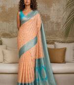 Peach woven design zari pure linen banarasi saree