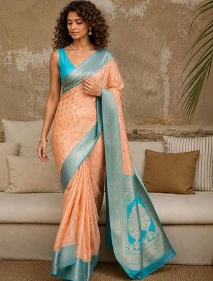 Peach woven design zari pure linen banarasi saree 2