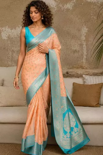 Peach woven design zari pure linen banarasi saree