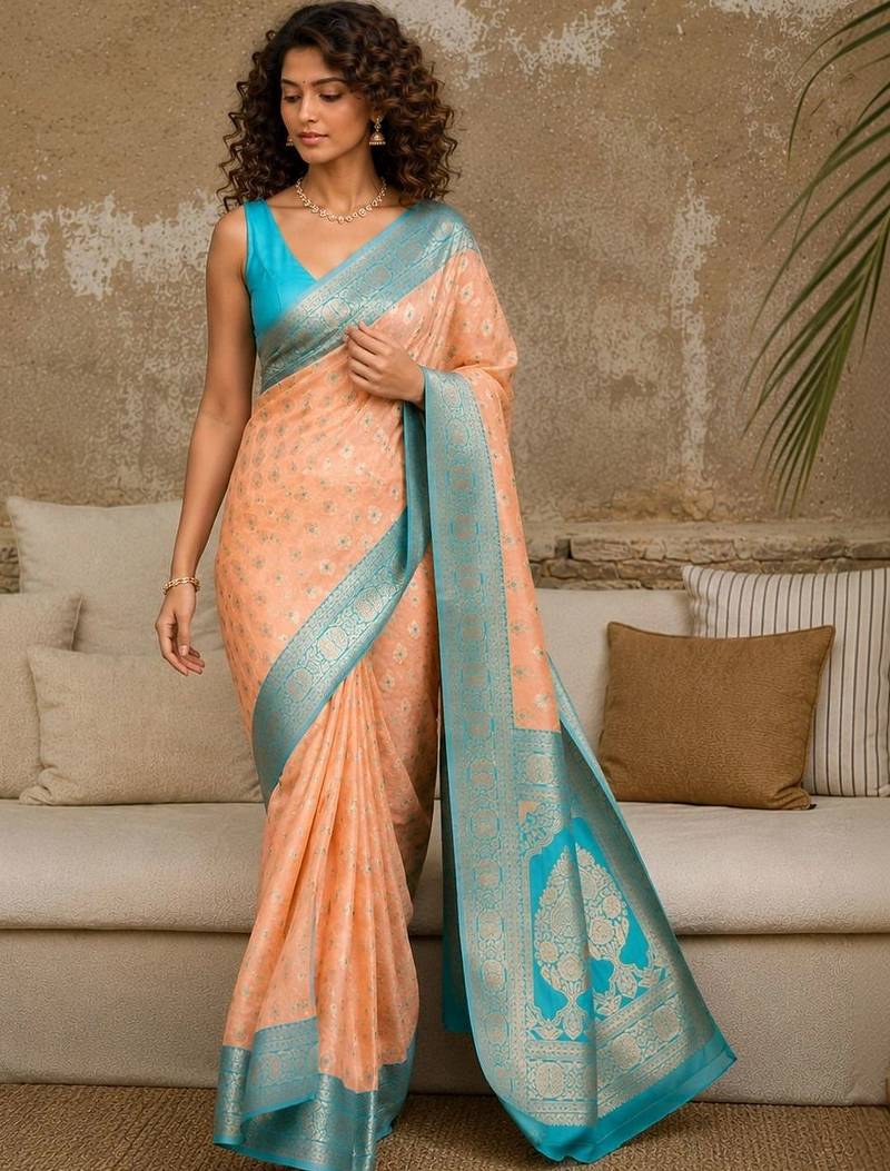 Peach woven design zari pure linen banarasi saree