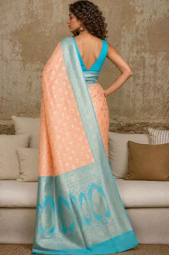 Peach woven design zari pure linen banarasi saree