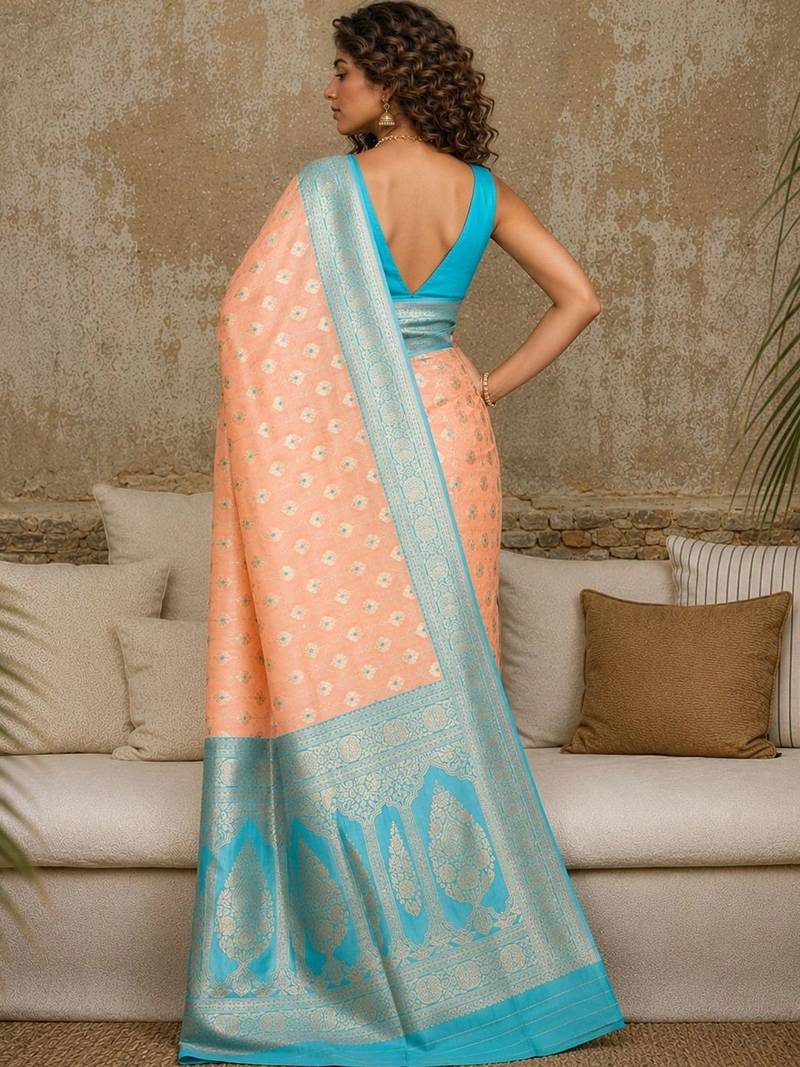Peach woven design zari pure linen banarasi saree