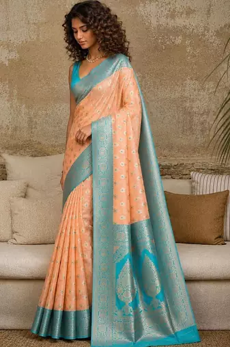 Peach woven design zari pure linen banarasi saree