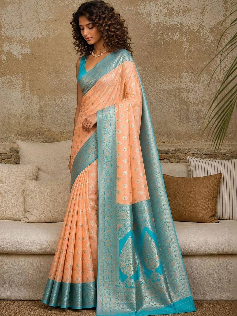 Peach woven design zari pure linen banarasi saree