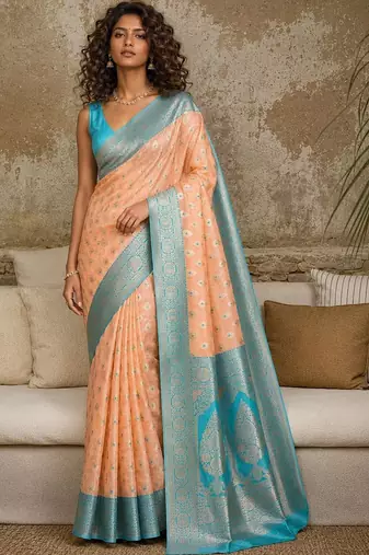 Peach woven design zari pure linen banarasi saree