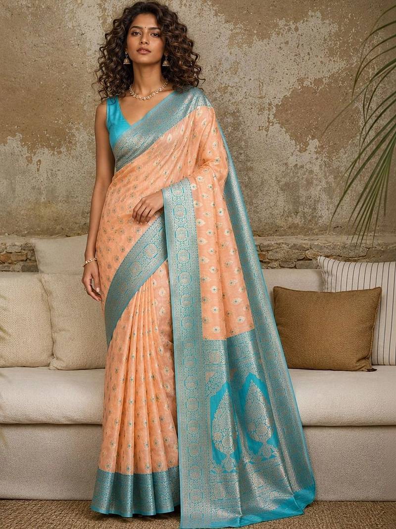 Peach woven design zari pure linen banarasi saree