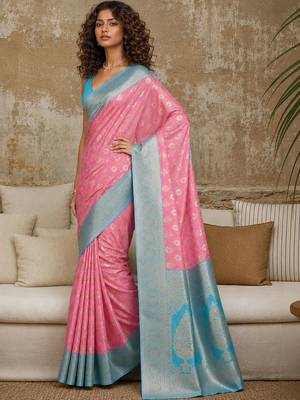 Pink woven design zari pure linen banarasi saree 1
