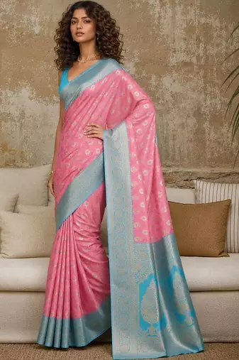 Pink woven design zari pure linen banarasi saree
