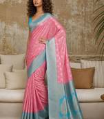 Pink woven design zari pure linen banarasi saree