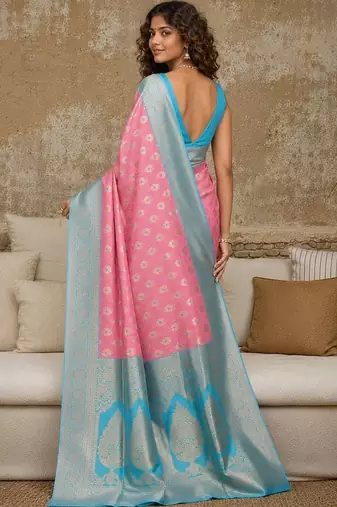 Pink woven design zari pure linen banarasi saree