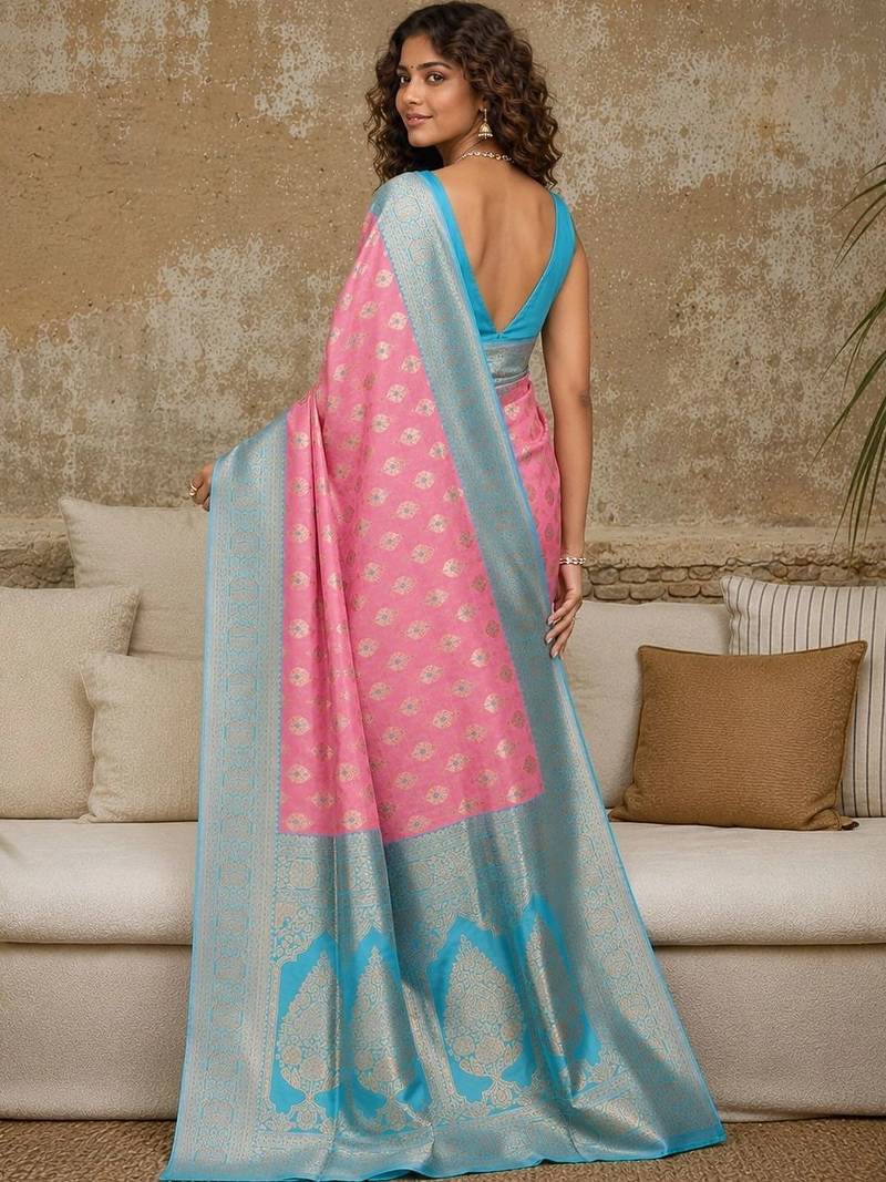 Pink woven design zari pure linen banarasi saree