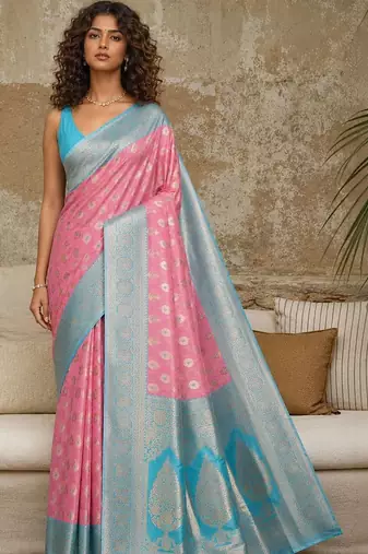Pink woven design zari pure linen banarasi saree