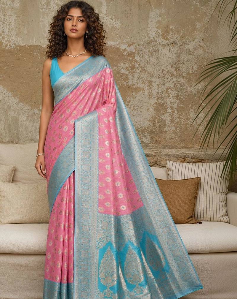 Pink woven design zari pure linen banarasi saree
