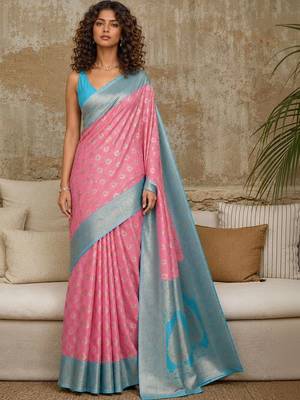 Pink woven design zari pure linen banarasi saree 4