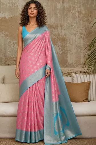 Pink woven design zari pure linen banarasi saree