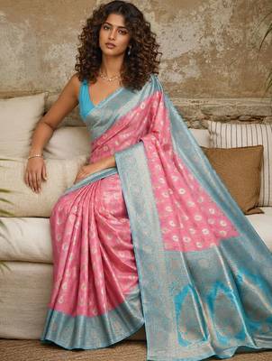 Pink woven design zari pure linen banarasi saree 5