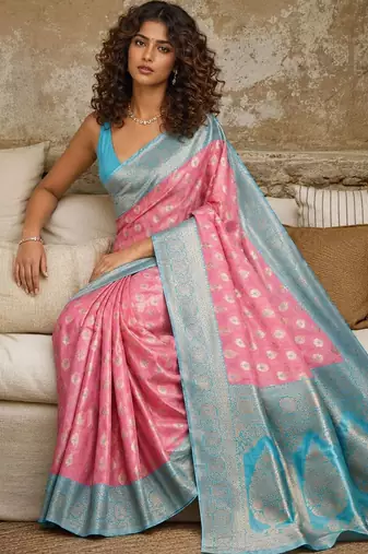 Pink woven design zari pure linen banarasi saree