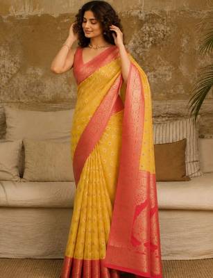 Yellow woven design zari pure linen banarasi saree 1