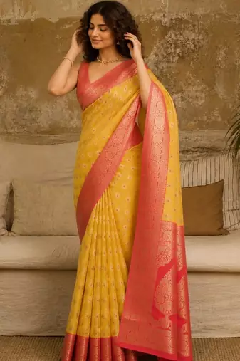 Yellow woven design zari pure linen banarasi saree