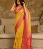 Yellow woven design zari pure linen banarasi saree