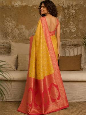 Yellow woven design zari pure linen banarasi saree 2
