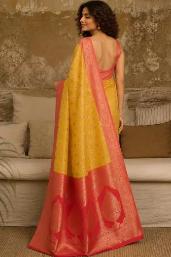 Yellow woven design zari pure linen banarasi saree