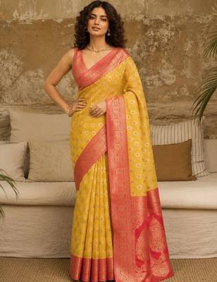 Yellow woven design zari pure linen banarasi saree 3