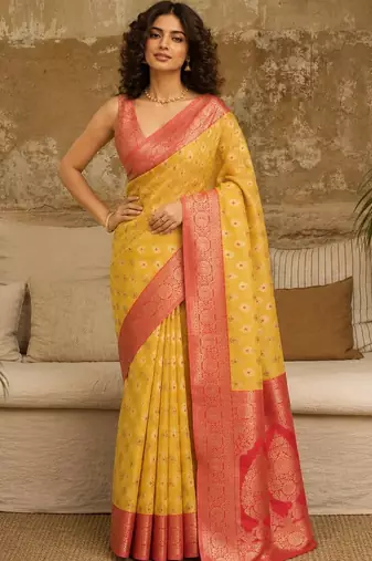 Yellow woven design zari pure linen banarasi saree