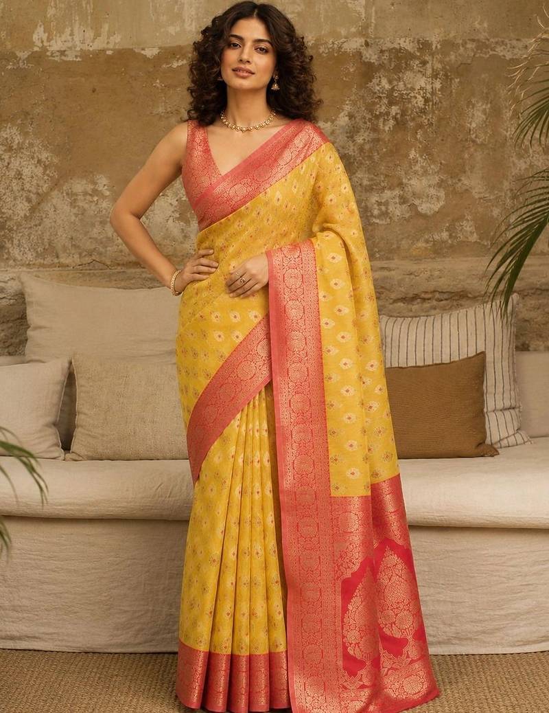 Yellow woven design zari pure linen banarasi saree