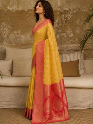 Yellow woven design zari pure linen banarasi saree 4