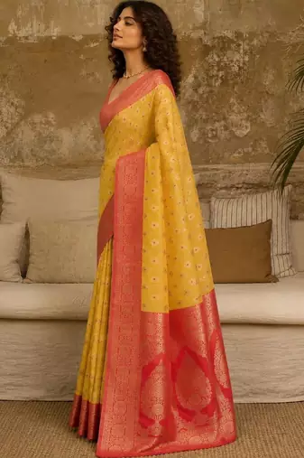 Yellow woven design zari pure linen banarasi saree