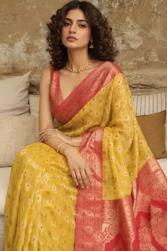 Yellow woven design zari pure linen banarasi saree