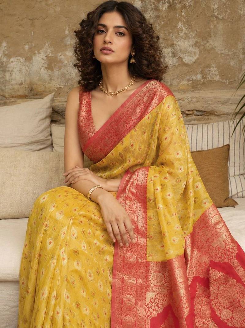 Yellow woven design zari pure linen banarasi saree