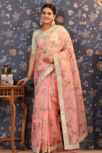 Pink floral printed saree