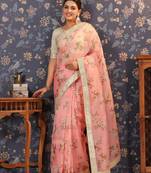 Pink floral printed saree