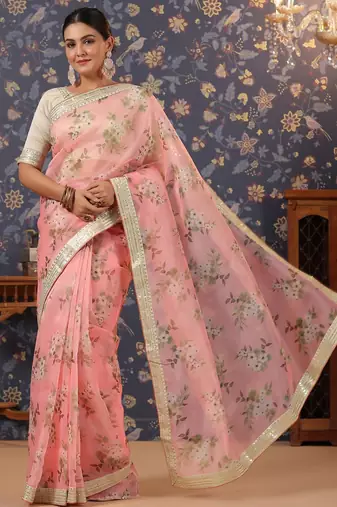 Pink floral printed saree