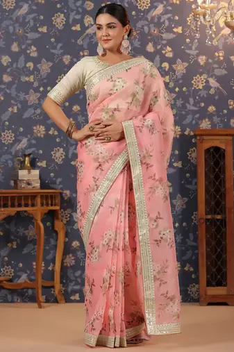 Pink floral printed saree