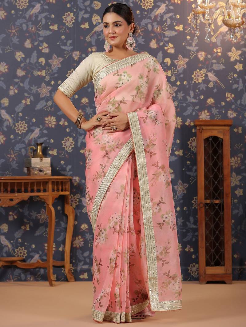 Pink floral printed saree