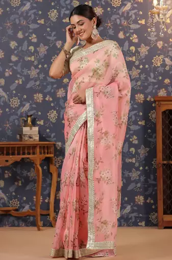 Pink floral printed saree